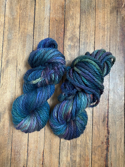 hand dyed yarn canada bulky deep ocean blue with purple, burgundy and green tones throughout