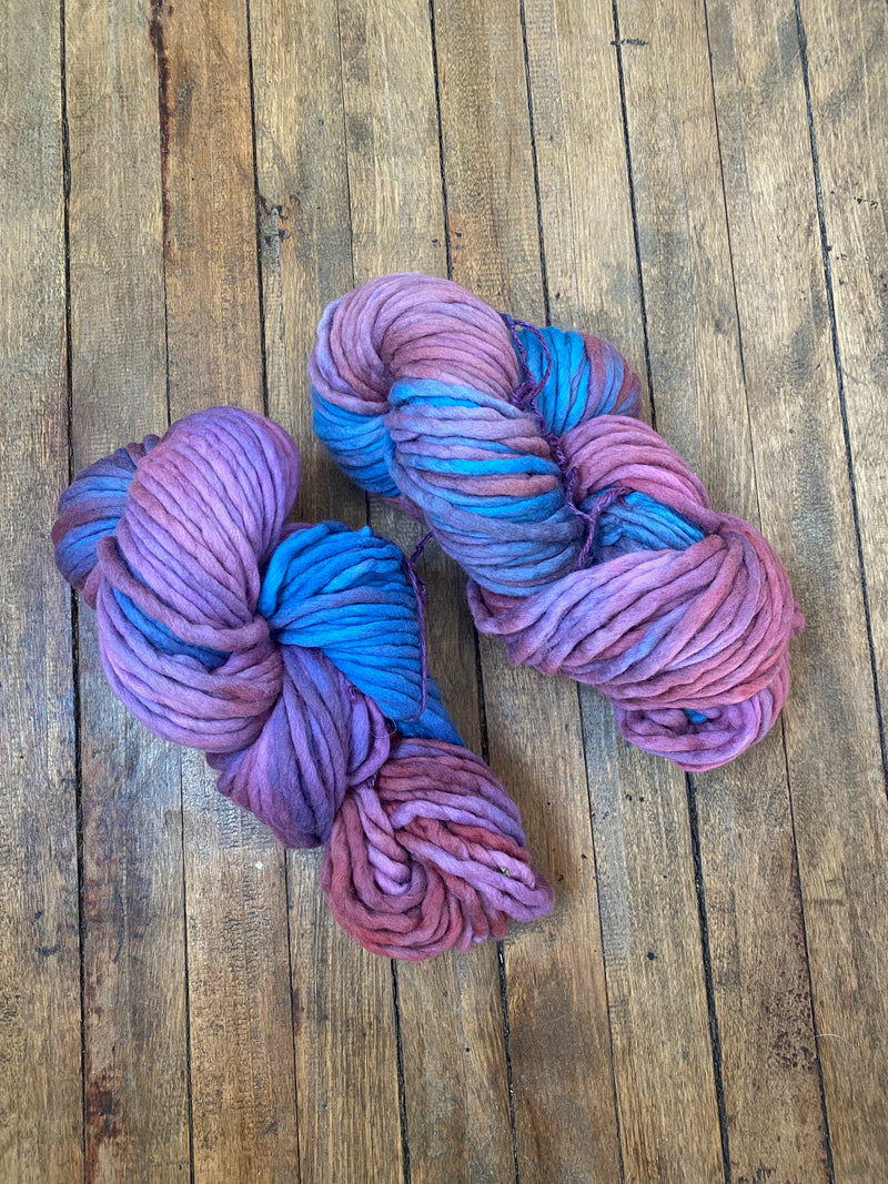 super bulky single ply squishy puffy yarn blue and pink