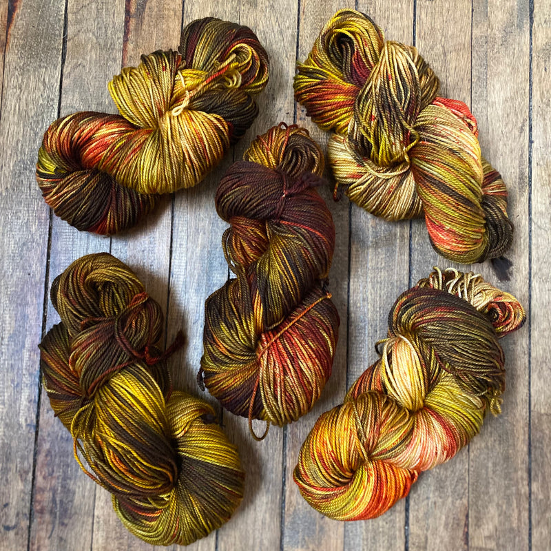 hand dyed yarn Canada colourful yellow brown red tiger eye inspired