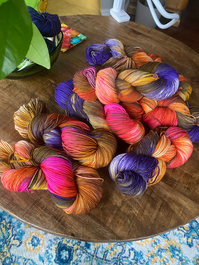 hand dyed yarn Canada colourful rainbow vivid blue red orange pink dark gray