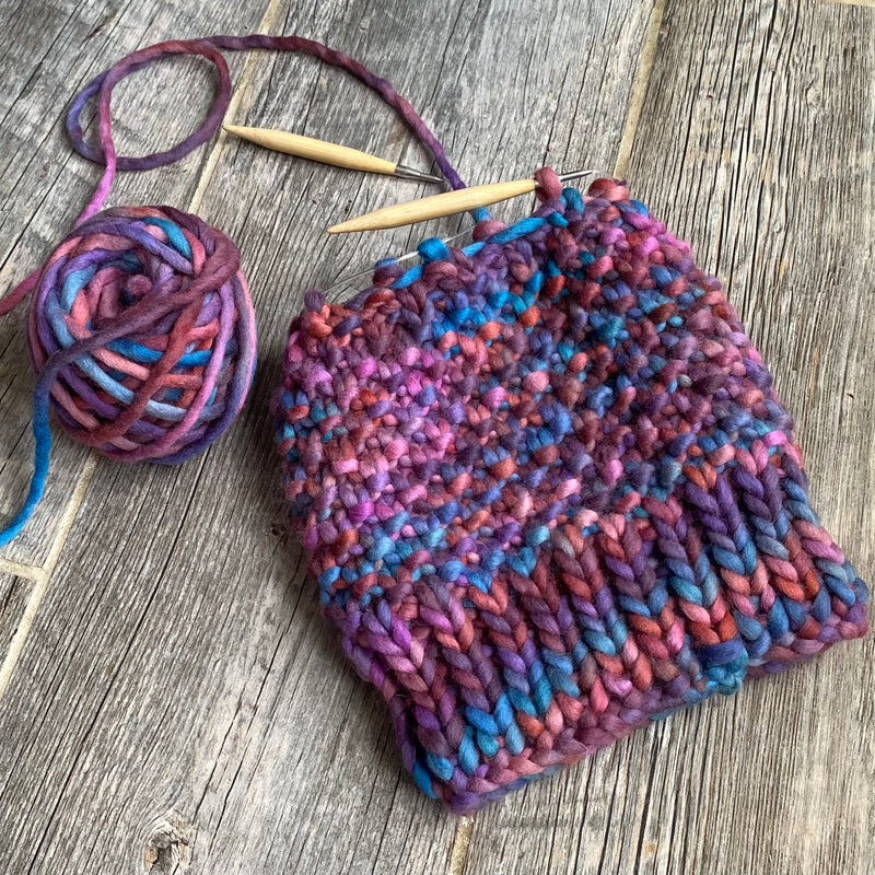 super bulky single ply hand dyed yarn Canada blue and pink